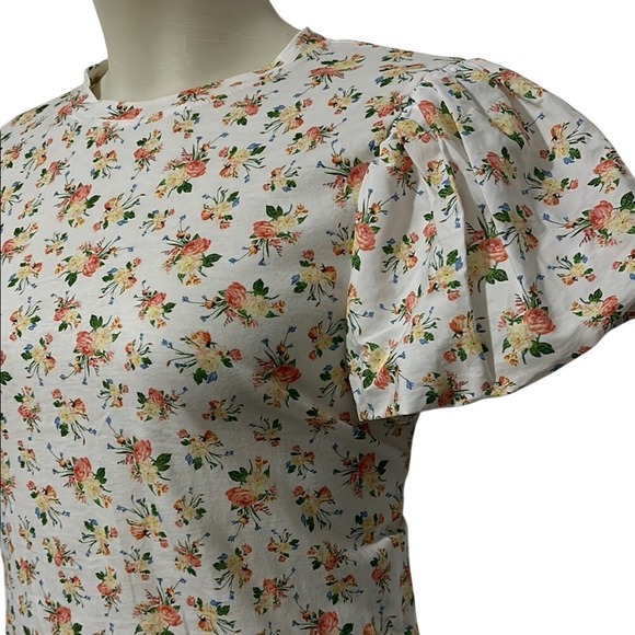 Womens Floral Puff Sleeve T Shirt Top Cute Casual Short Sleeve Round Neck - Picture 2 of 6